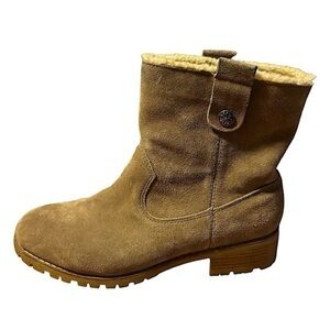 Bjorndal Aspen Boots Size 8 Gray Suede Ankle Boots Sherpa Trim Pull On Lug Sole
